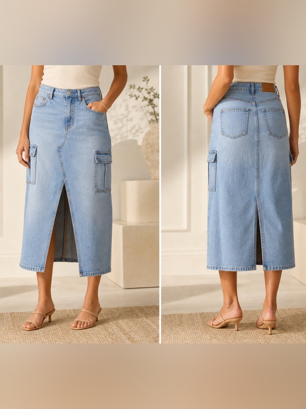 American Eagle Light Wash Denim Midi High-Rise Skirt